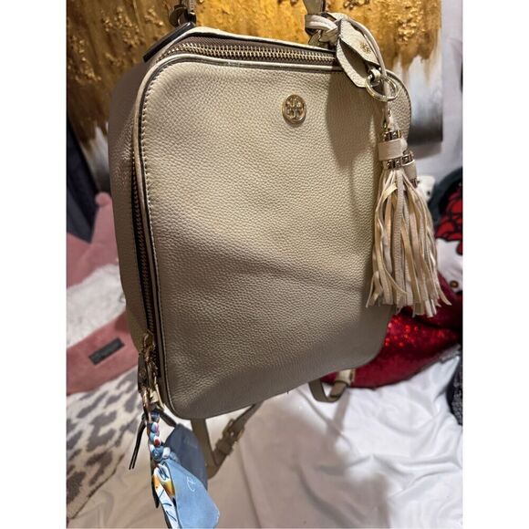 Tory Burch tan leaTher convertible square box backpack bag satchel